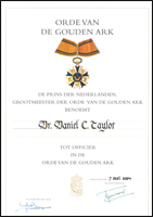 Daniel C. Taylor decorated with Order of Golden Ark, HRH Prince Bernhard of The Netherlands